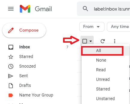 Gmail selection dropdown with All highlighted.