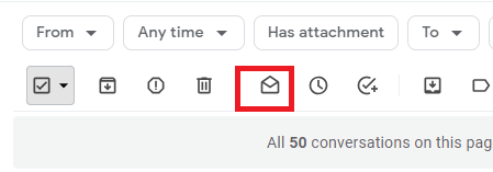 Gmail toolbar with the Mark as read envelope icon highlighted.