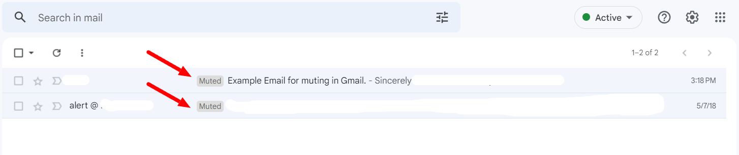 Gmail message list containing two muted conversations.