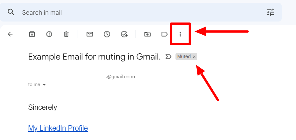 Muted Gmail conversation with its More menu and label highlighted.