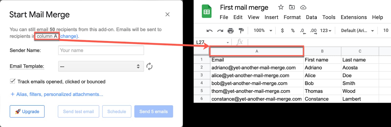 YAMM dialog identifies spreadsheet column A as the recipient-email column.