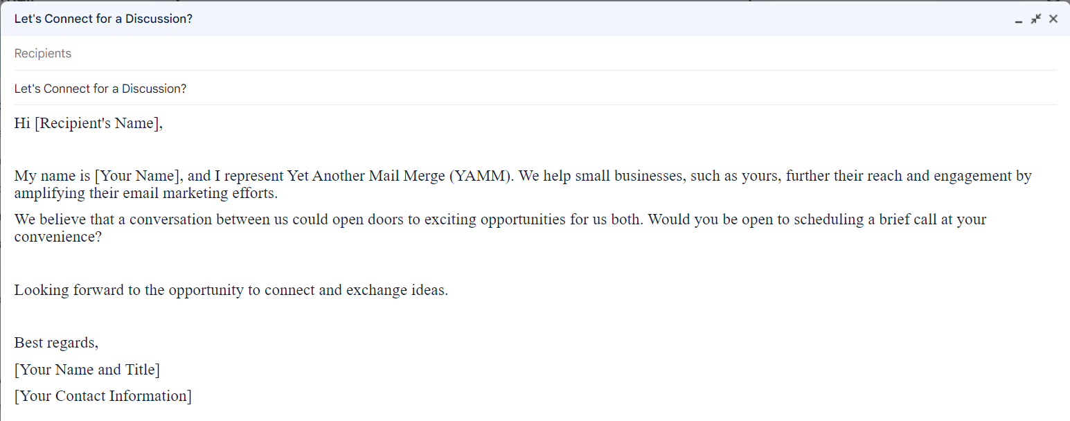 Example outreach email inviting a small business to discuss email marketing.