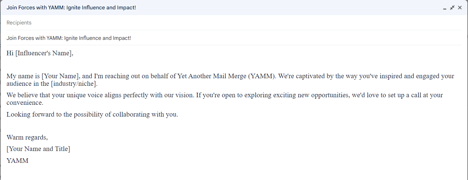Example outreach email proposing an influencer collaboration with YAMM.