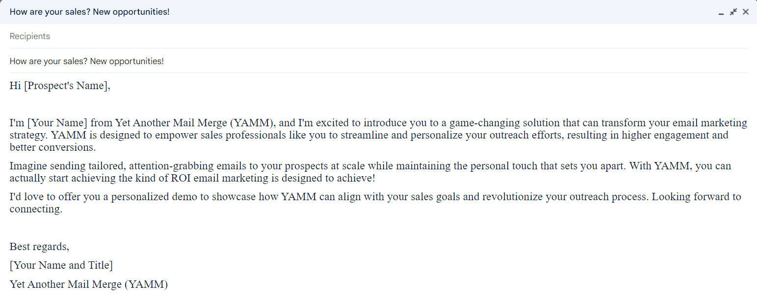 Example sales outreach email offering a personalized YAMM demo.