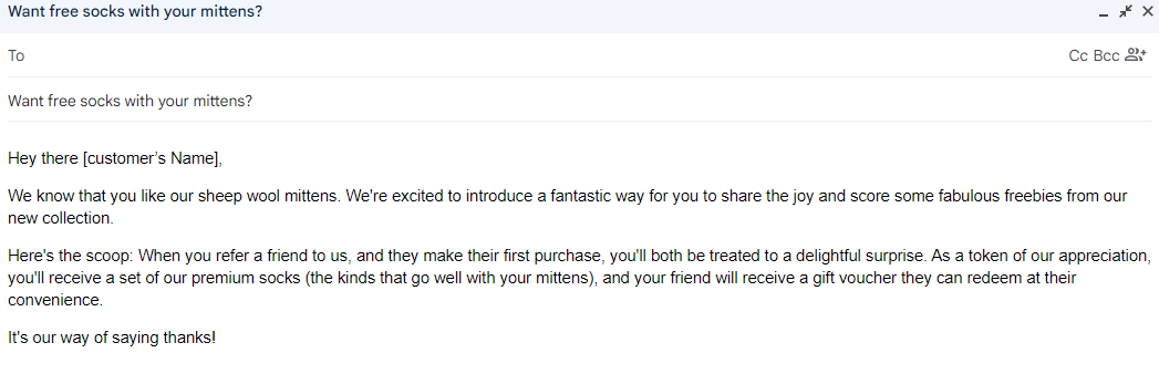 Gmail referral email offering socks to the customer and a gift voucher to their friend.