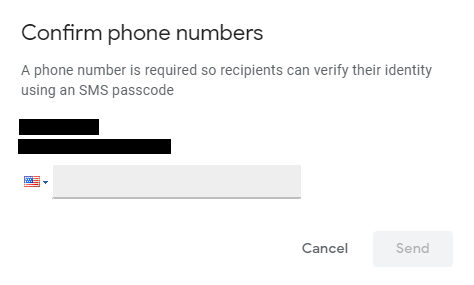 Confirm phone numbers dialog for adding the recipient’s phone number before sending a confidential email