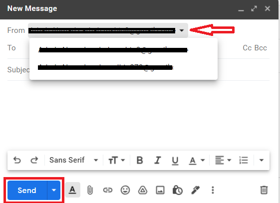 Gmail draft with the From dropdown open to choose a sender address.