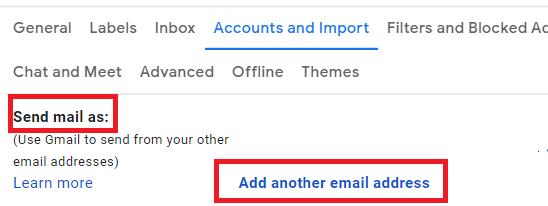 Gmail Send mail as settings with Add another email address highlighted.
