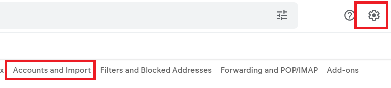 Gmail settings gear and Accounts and Import tab highlighted.