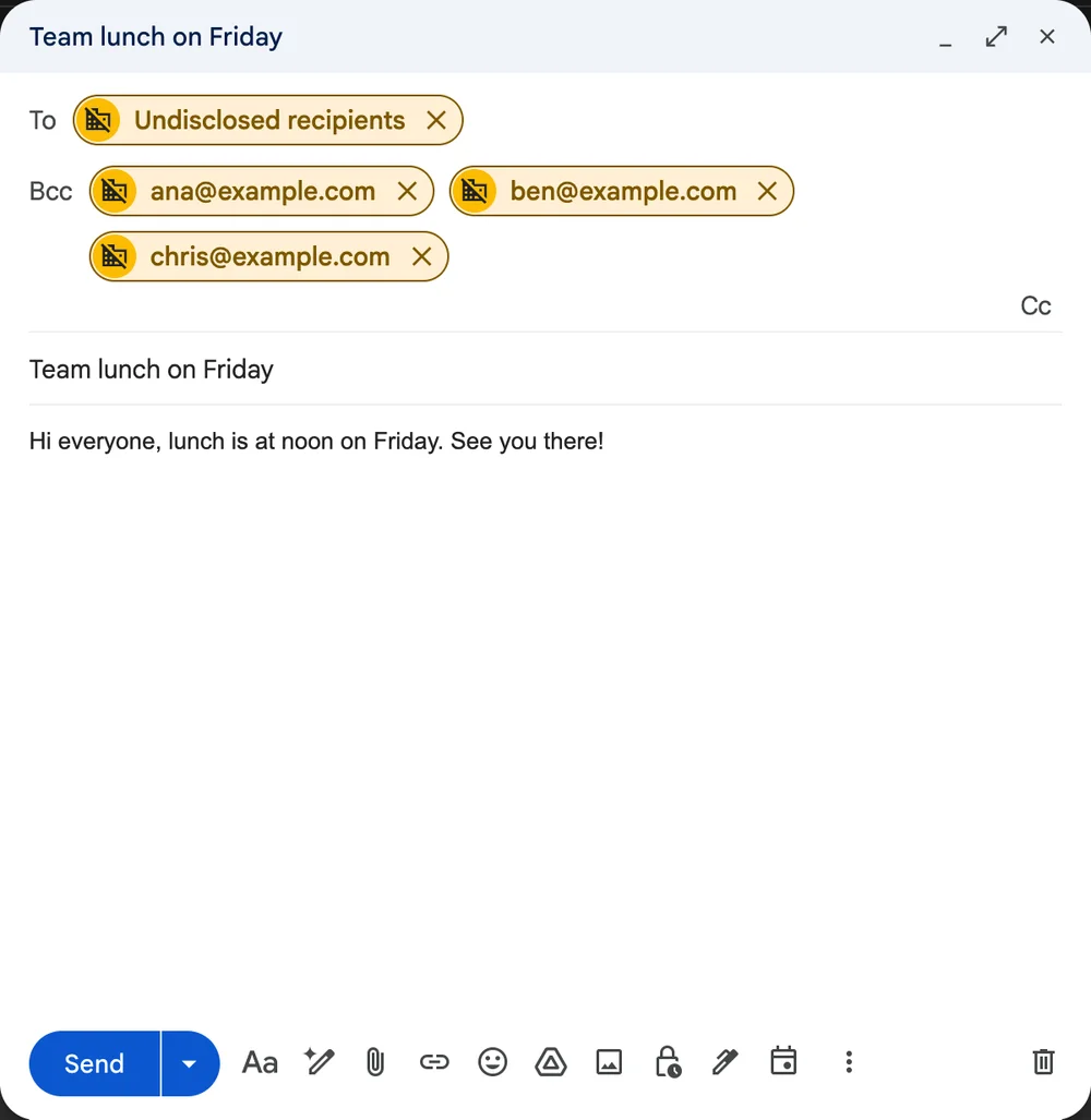 A Gmail message with Undisclosed recipients in To, three example addresses in Bcc, a subject, a short message and the Send button.