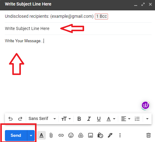 Gmail draft showing undisclosed recipients, one Bcc recipient, subject, message, and Send button.