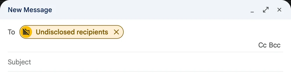 A new Gmail message with Undisclosed recipients in the To field.