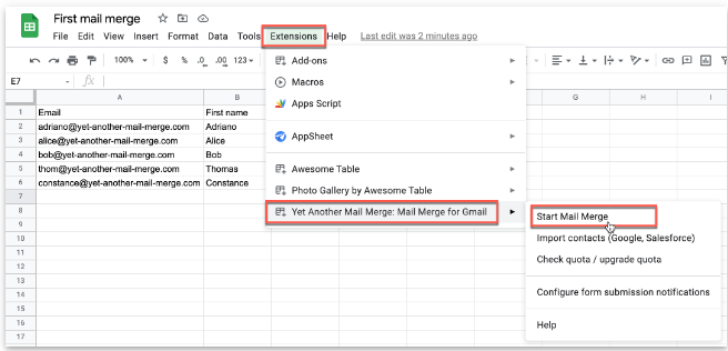 Google Sheets Extensions menu with YAMM Start Mail Merge highlighted.