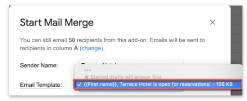YAMM email-template dropdown with a personalized hotel-reservation draft selected.
