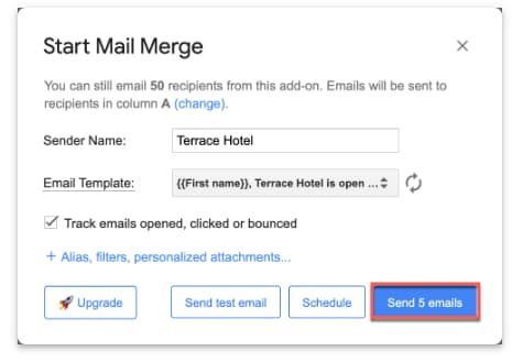 YAMM Start Mail Merge dialog with the Send 5 emails button highlighted.