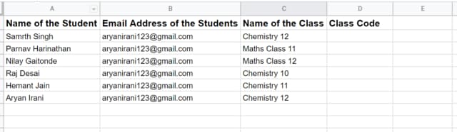 A student mailing list with names, email addresses, class names, and an empty Class Code column.