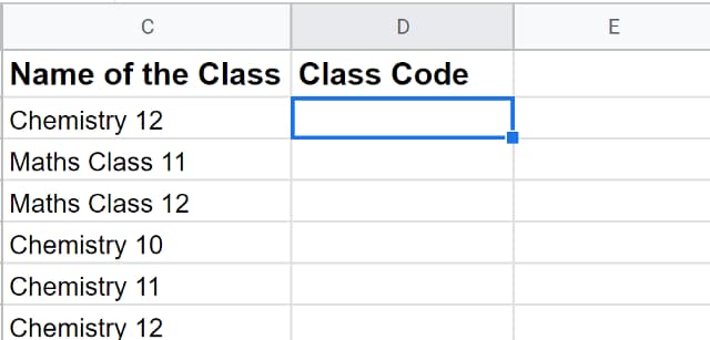 An empty Class Code cell selected beside the Chemistry 12 class name.