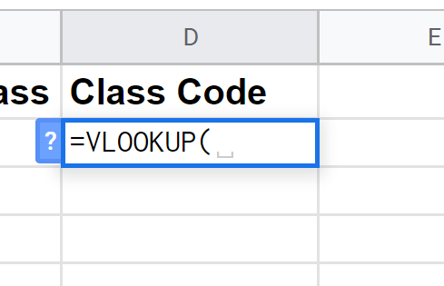 Starting a VLOOKUP formula in the Class Code column.