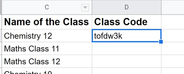 The class code returned for Chemistry 12 appears in the selected cell.