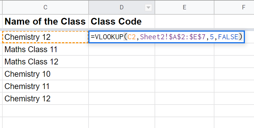 The VLOOKUP formula uses FALSE to require an exact class-name match.