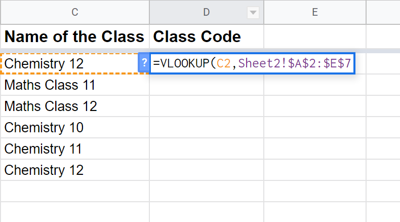 VLOOKUP references the class name in C2 and the lookup table in Sheet2!A2:E7.