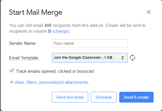 YAMM's Start Mail Merge dialog with the Join the Google Classroom template selected.
