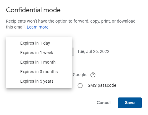 Expiration date options in Gmail’s confidential mode settings
