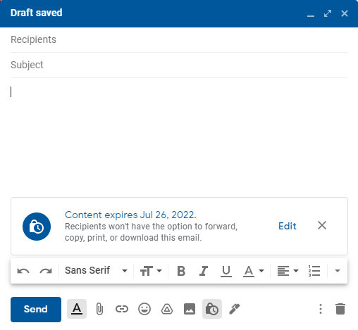 Gmail draft with a confidential mode expiration notice and Edit link