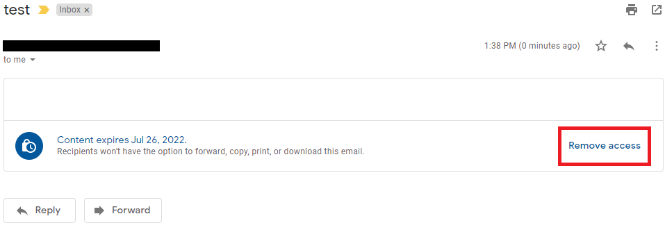 Sent confidential email with the Remove access link highlighted