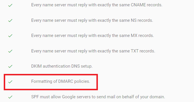 DNS diagnostic results with a successful DMARC policy-formatting check highlighted.