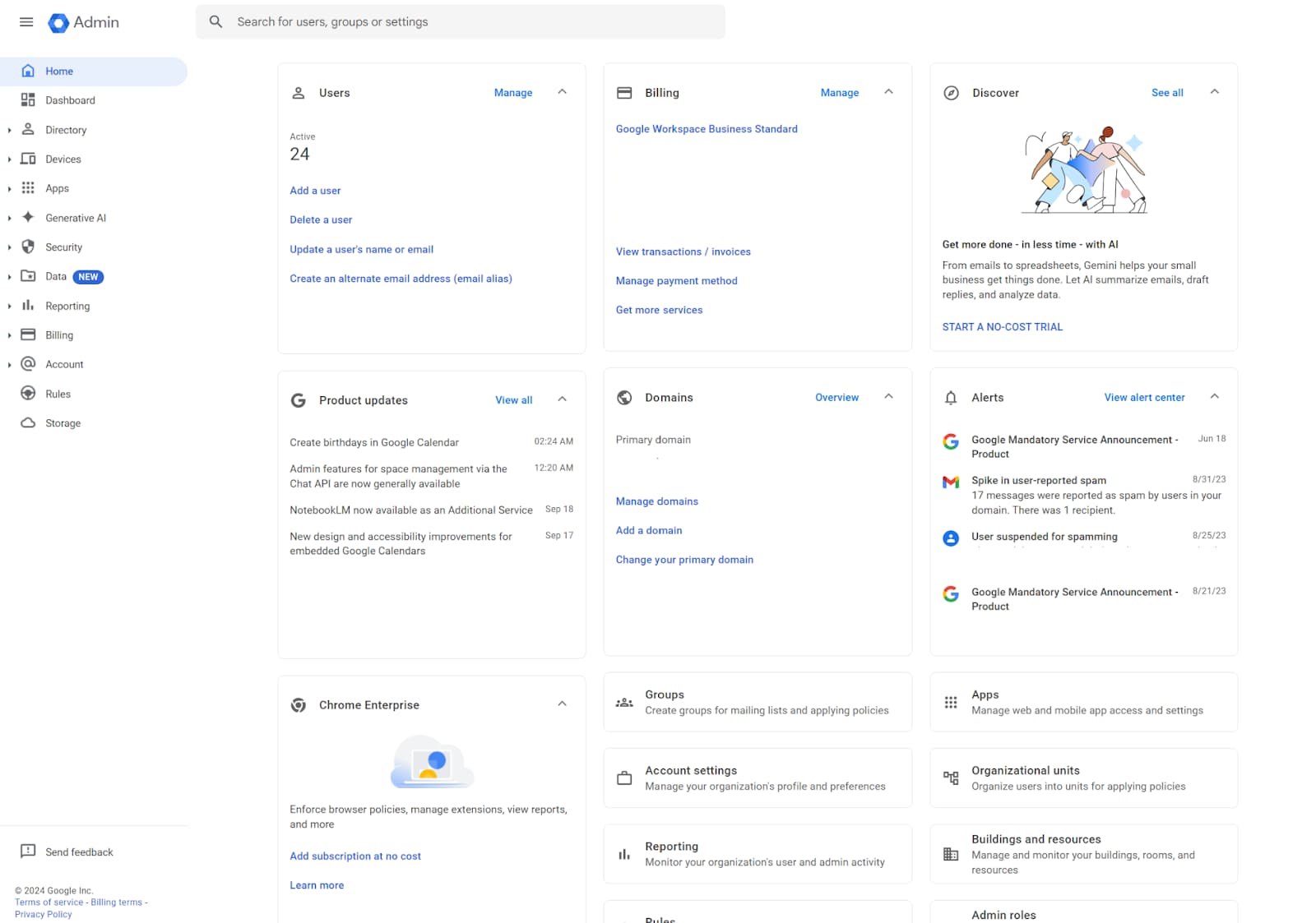 Google Admin console dashboard showing user, billing, domain, and account management cards.