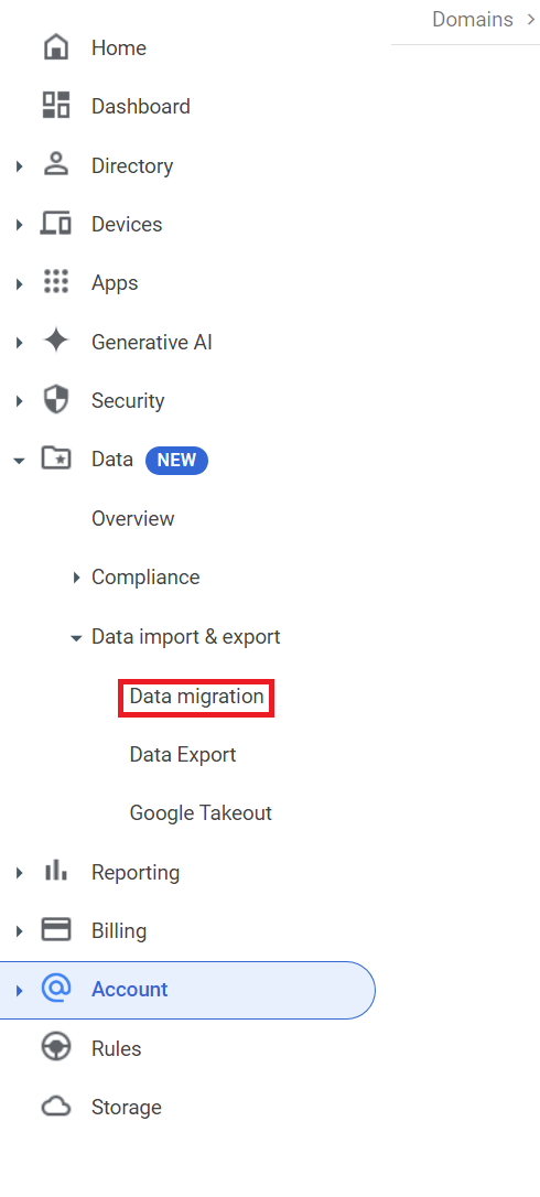 Google Admin console navigation with Data migration highlighted under Data import and export.