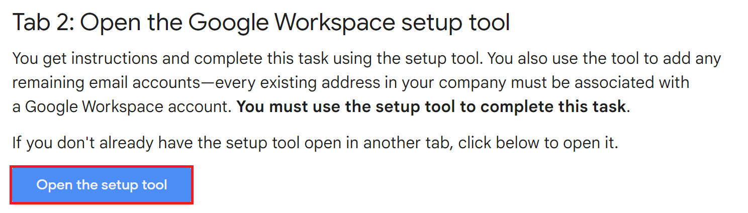Google Workspace setup instructions with Open the setup tool highlighted.