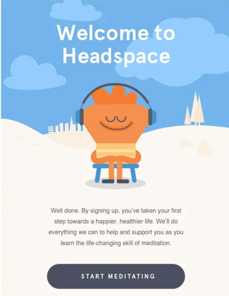 Headspace welcome email with a headphone-wearing character and a Start meditating button.