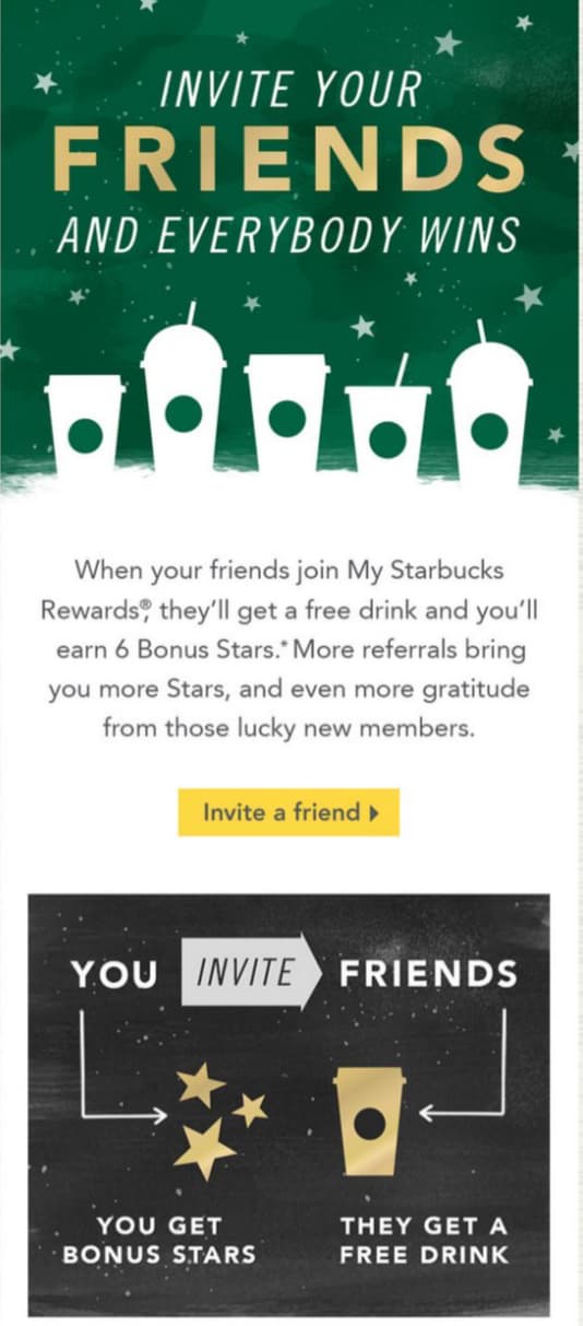 Starbucks referral email offering bonus stars to the sender and a free drink to a friend.
