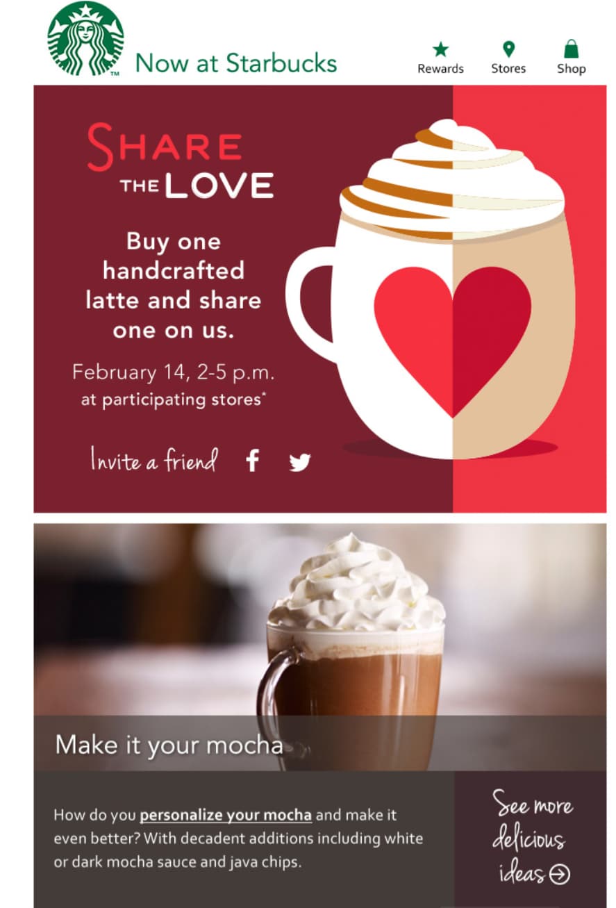 Starbucks Valentine's promotion with a latte illustration and an invitation to share a drink.