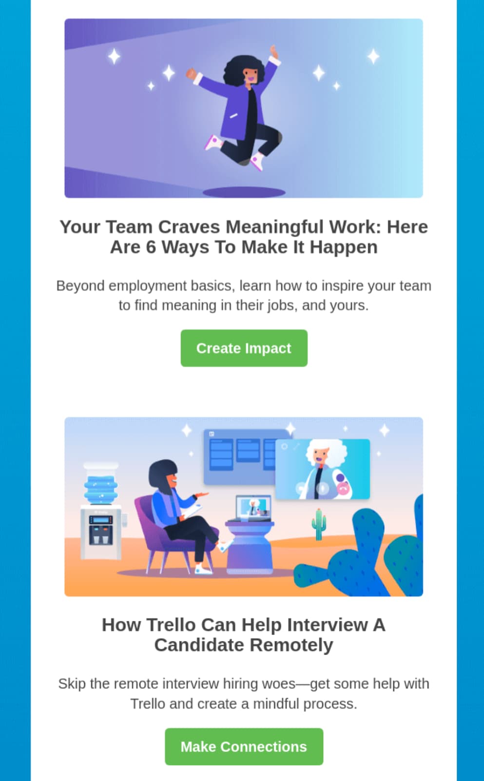 Trello newsletter cards about meaningful work and remote interviews.
