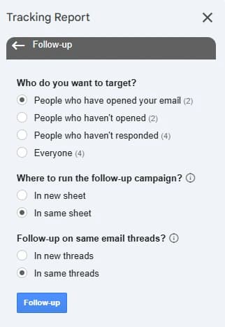 YAMM's Follow-up panel asking who to target, where to run the follow-up campaign and whether to follow up in the same email threads.