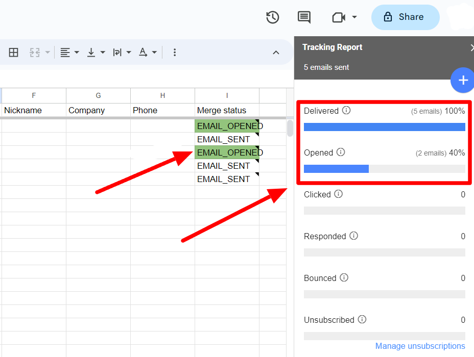 YAMM Tracking Report showing five delivered emails and two opened, for a 40 percent open rate.