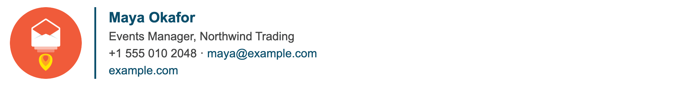 A signature from the generator pasted into a Gmail message: a round picture, a blue line, then the name, job title, company, phone, email and website.