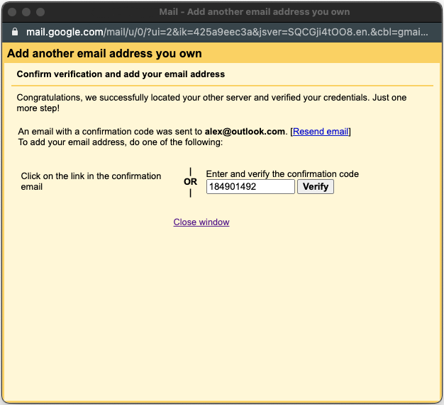 The verification screen for an added account in Gmail