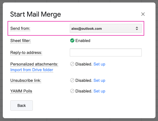 The YAMM settings screen to designate which account your mail merge will send from