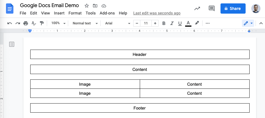 An email outline, organized as a series of tables for the layout