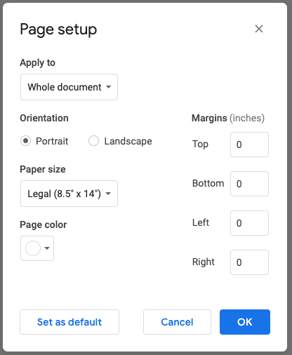 The page setup screen in Google Docs with margins set to 0 and paper size set to legal
