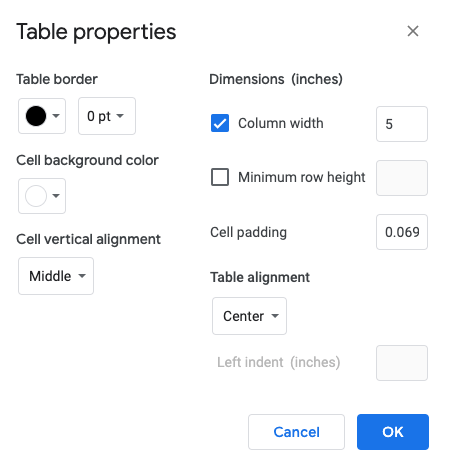 The table properties screen of Google Docs showing the necessary settings