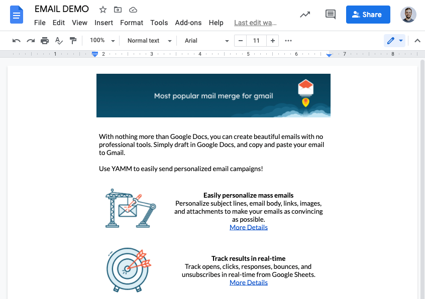 An email being created in Google Docs with an image header and body