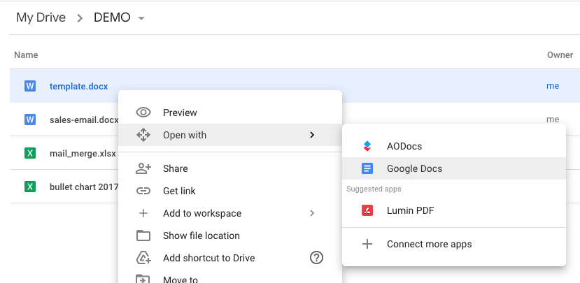 A screenshot of the Google Drive interface opening a Word File