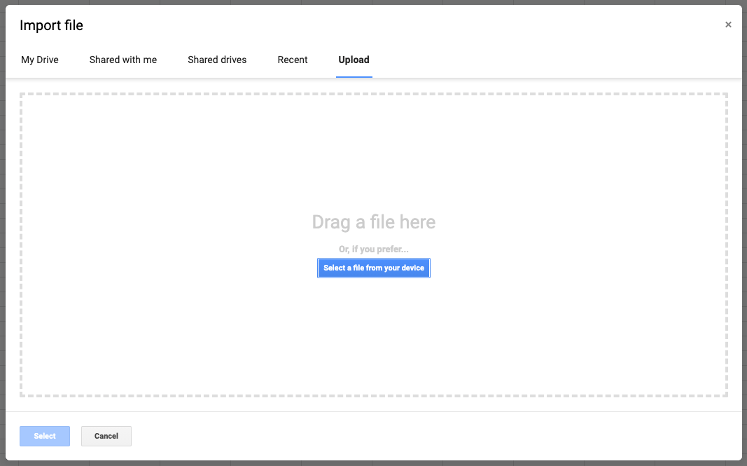 Shows the file upload screen in Google Sheets