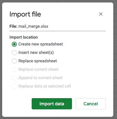 Shows the file import dialog in Google Sheets