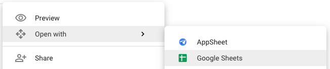 Shows how to open a file with Google Sheets in Drive